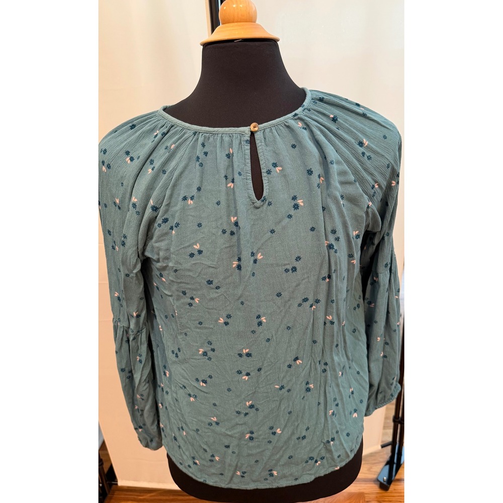 Long Sleeve Floral Keyhole Blouse Teal Green Relaxed Fit Top